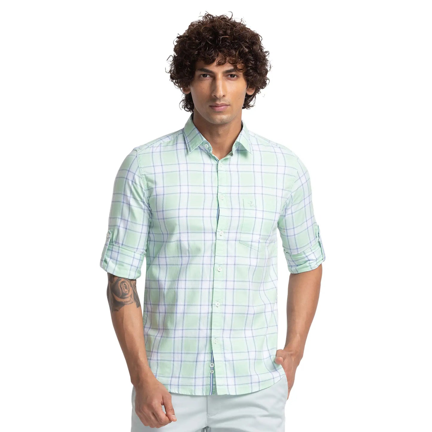 Men Green Slim Fit Checks Cotton Full Sleeve Shirts