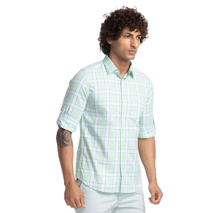 Men Green Slim Fit Checks Cotton Full Sleeve Shirts