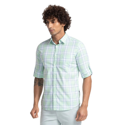 Men Green Slim Fit Checks Cotton Full Sleeve Shirts