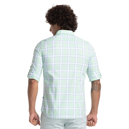 Men Green Slim Fit Checks Cotton Full Sleeve Shirts