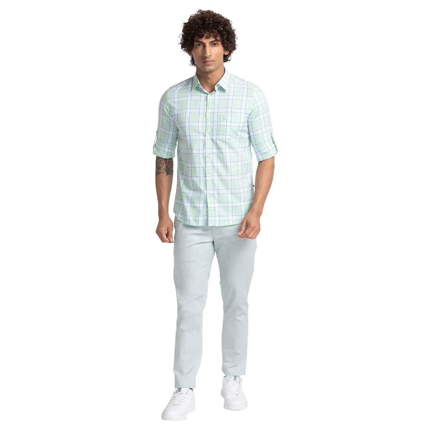 Men Green Slim Fit Checks Cotton Full Sleeve Shirts