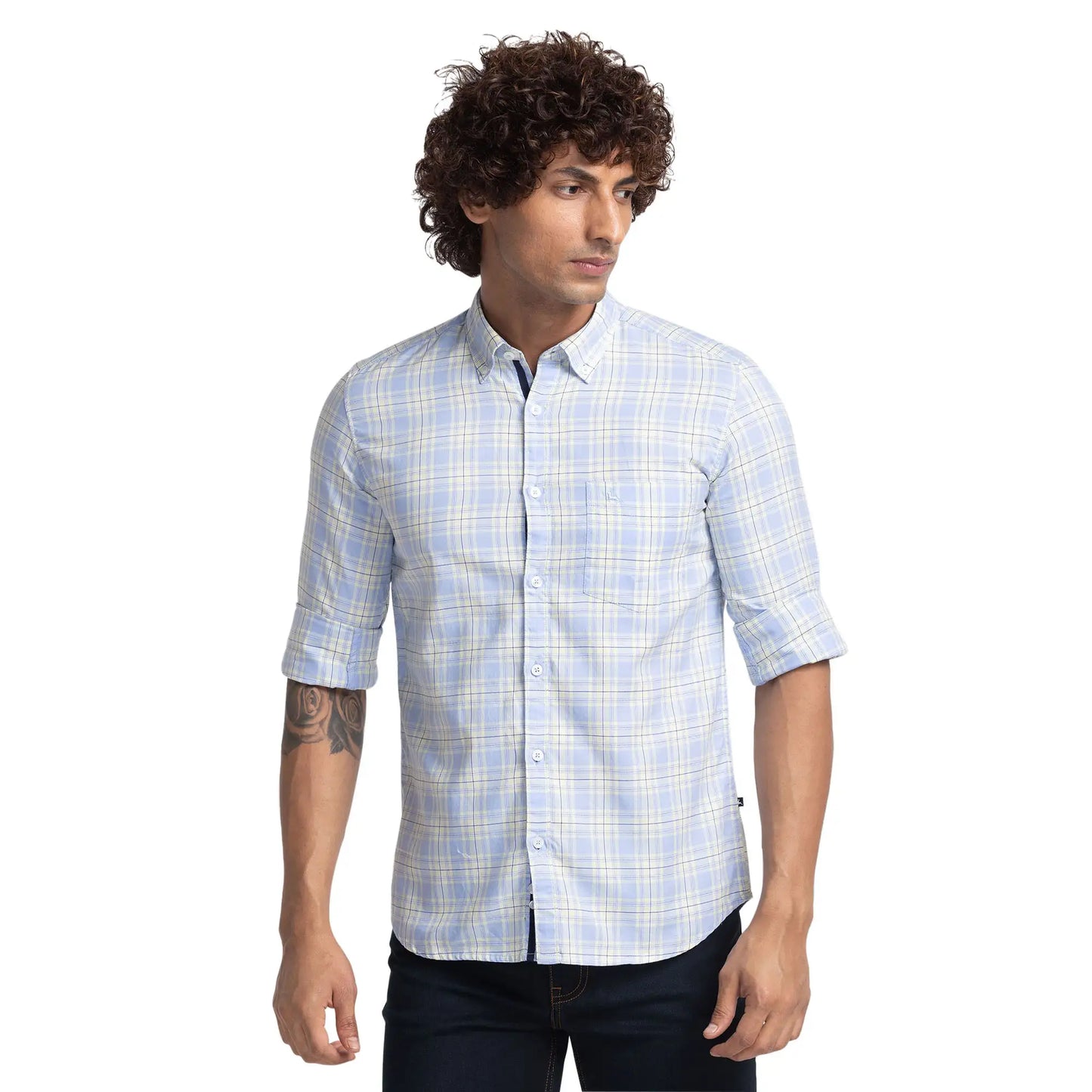 Men Blue Slim Fit Checks Cotton Full Sleeve Shirts