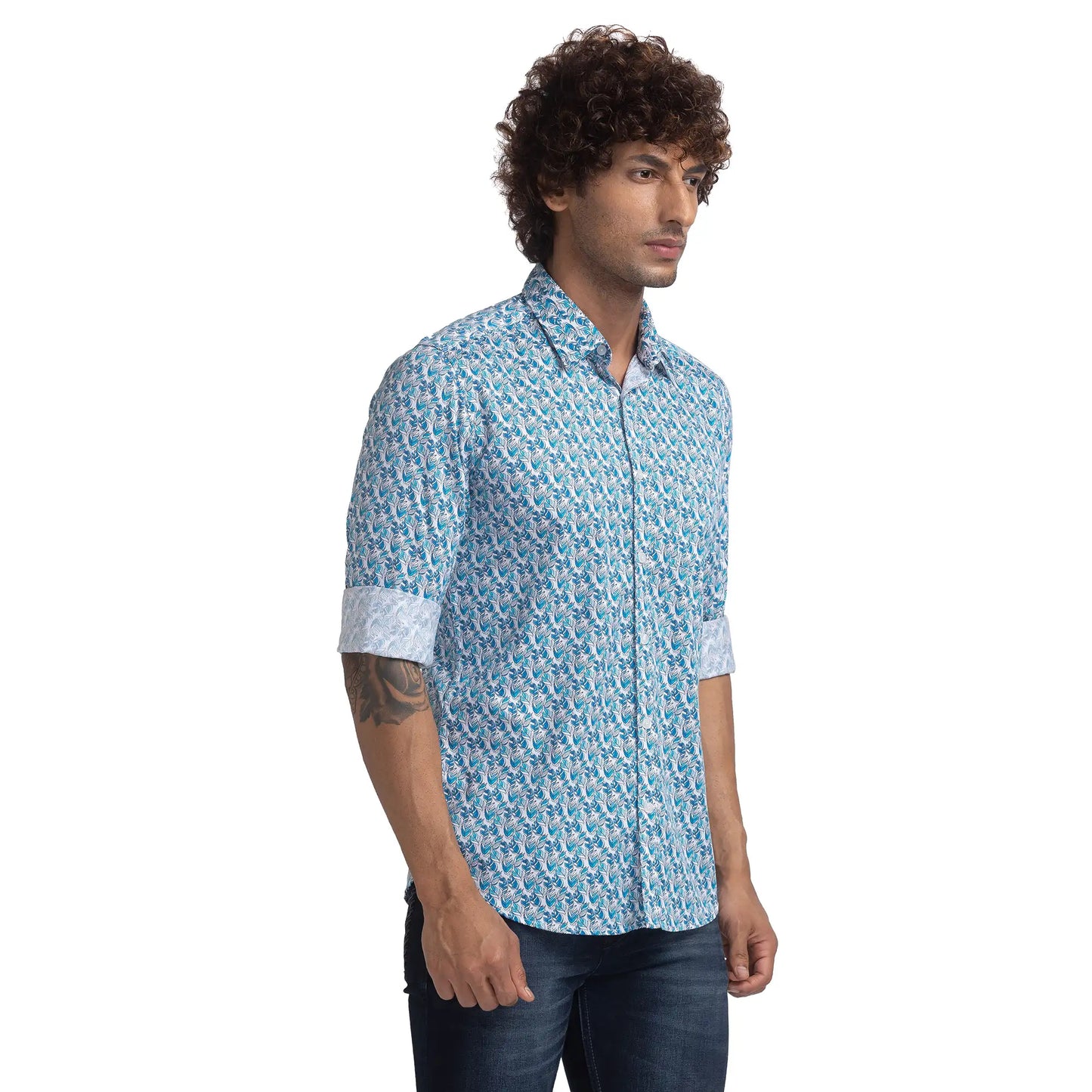 Men Blue Slim Fit Print Cotton Full Sleeve Shirts