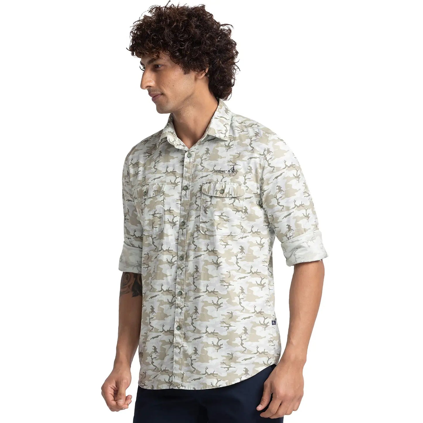 Men Green Slim Fit Print Cotton Full Sleeve Shirts