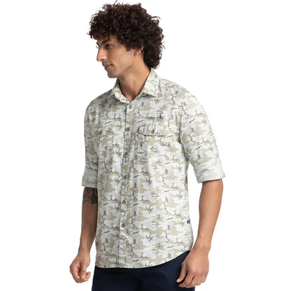 Men Green Slim Fit Print Cotton Full Sleeve Shirts