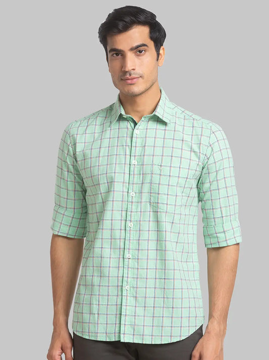 Men Green Slim Fit Checks  Cotton Full Sleeve Cutaway Collar Shirts