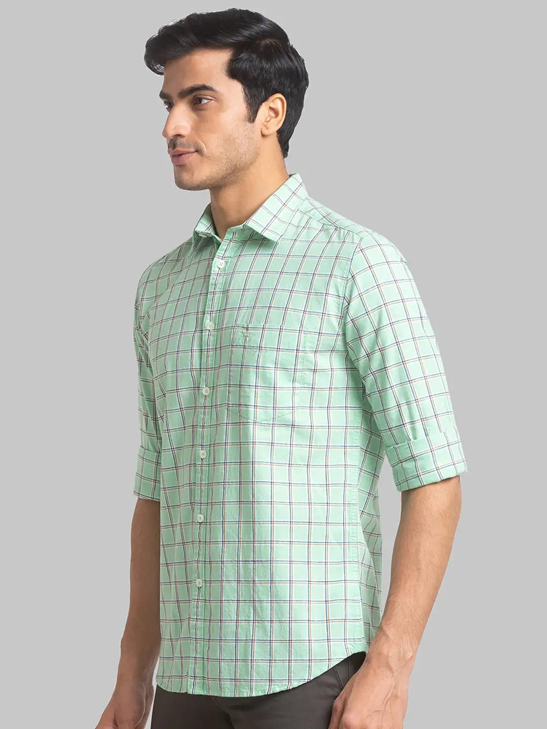 Men Green Slim Fit Checks  Cotton Full Sleeve Cutaway Collar Shirts