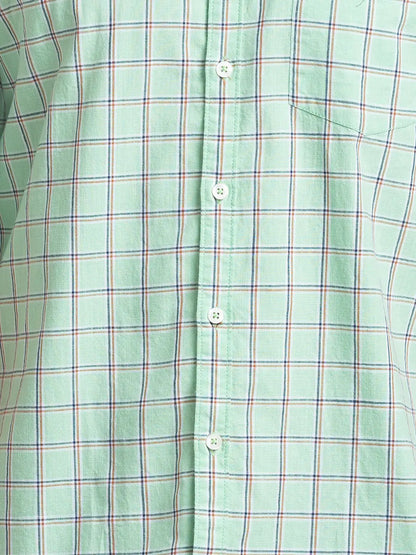 Men Green Slim Fit Checks  Cotton Full Sleeve Cutaway Collar Shirts