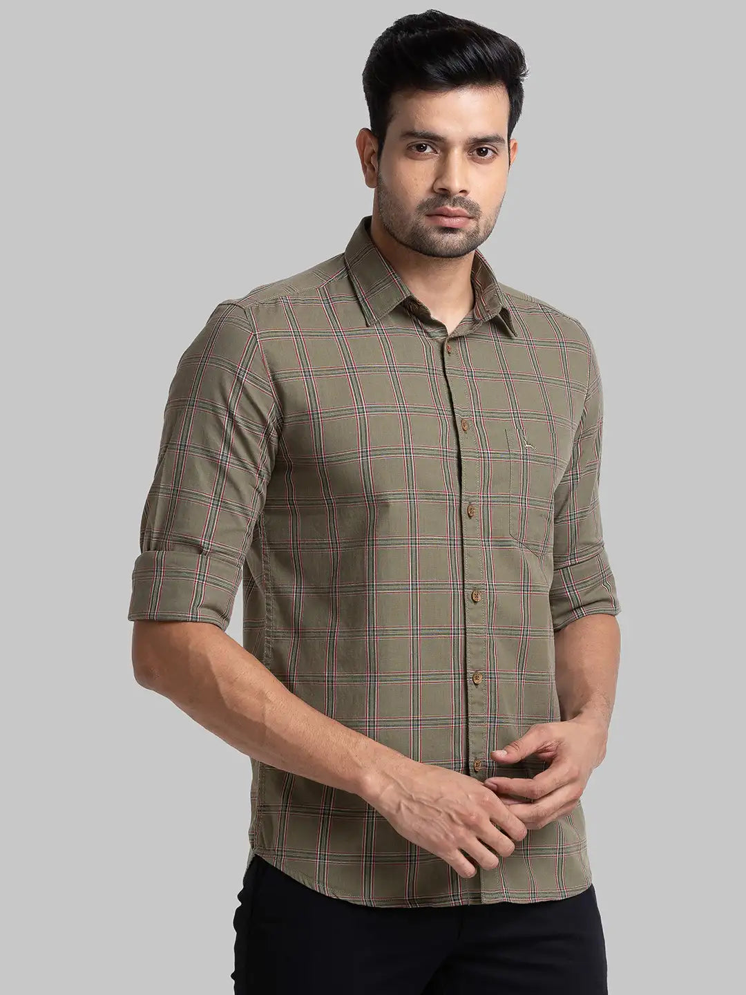Men Green Slim Fit Checks Cotton Full Sleeve Shirts
