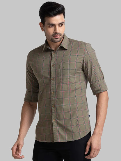 Men Green Slim Fit Checks Cotton Full Sleeve Shirts