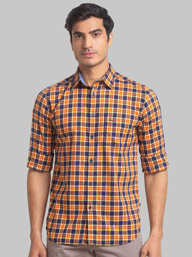 Parx Men Orange Checkered Slim Fit Full Sleeve Semi Cut Away Collar Shirt