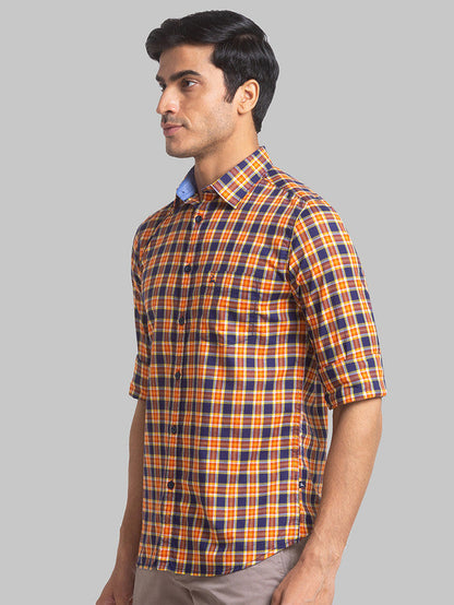 Parx Men Orange Checkered Slim Fit Full Sleeve Semi Cut Away Collar Shirt