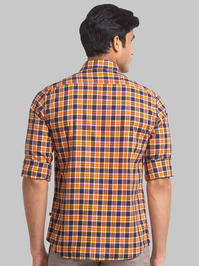 Parx Men Orange Checkered Slim Fit Full Sleeve Semi Cut Away Collar Shirt