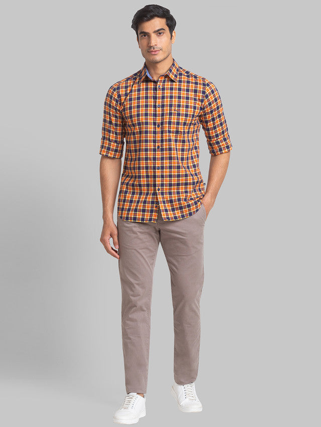 Parx Men Orange Checkered Slim Fit Full Sleeve Semi Cut Away Collar Shirt