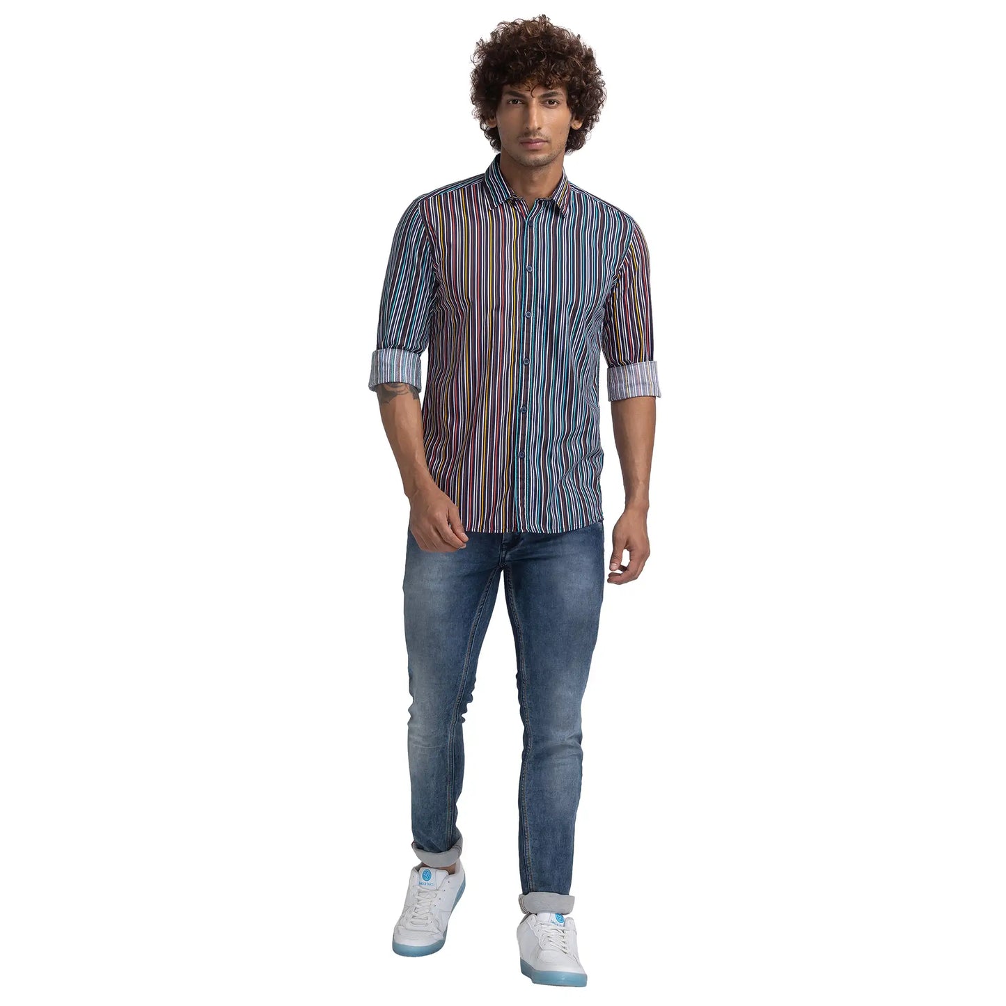 Parx Men Blue Striped Slim Fit Cotton Casual Shirt