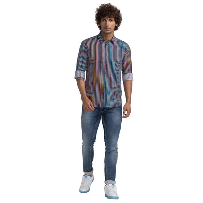 Parx Men Blue Striped Slim Fit Cotton Casual Shirt