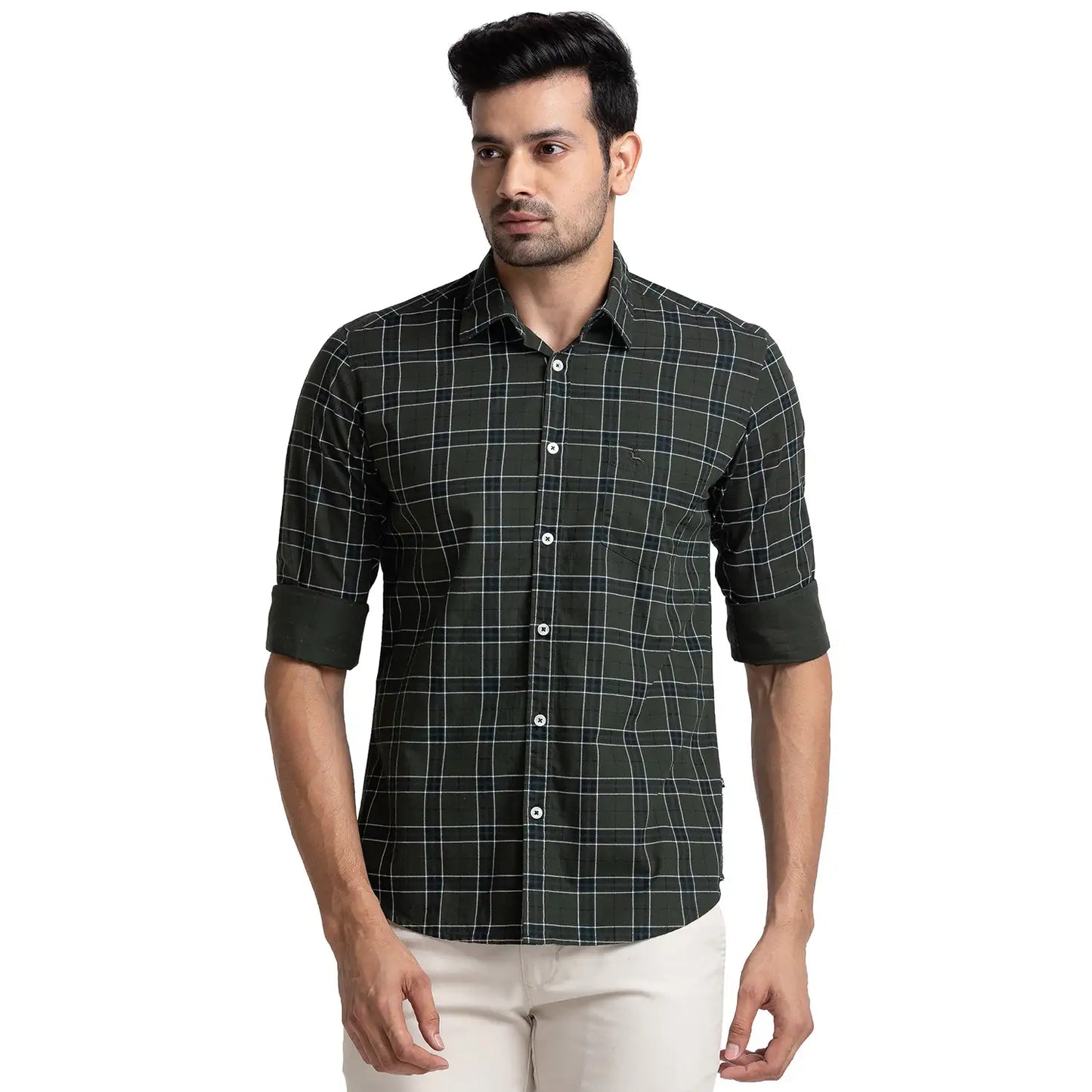 Men Green Slim Fit Print Cotton Full Sleeve Shirts