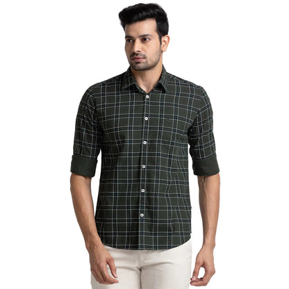 Men Green Slim Fit Print Cotton Full Sleeve Shirts