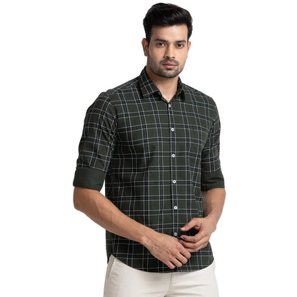 Men Green Slim Fit Print Cotton Full Sleeve Shirts