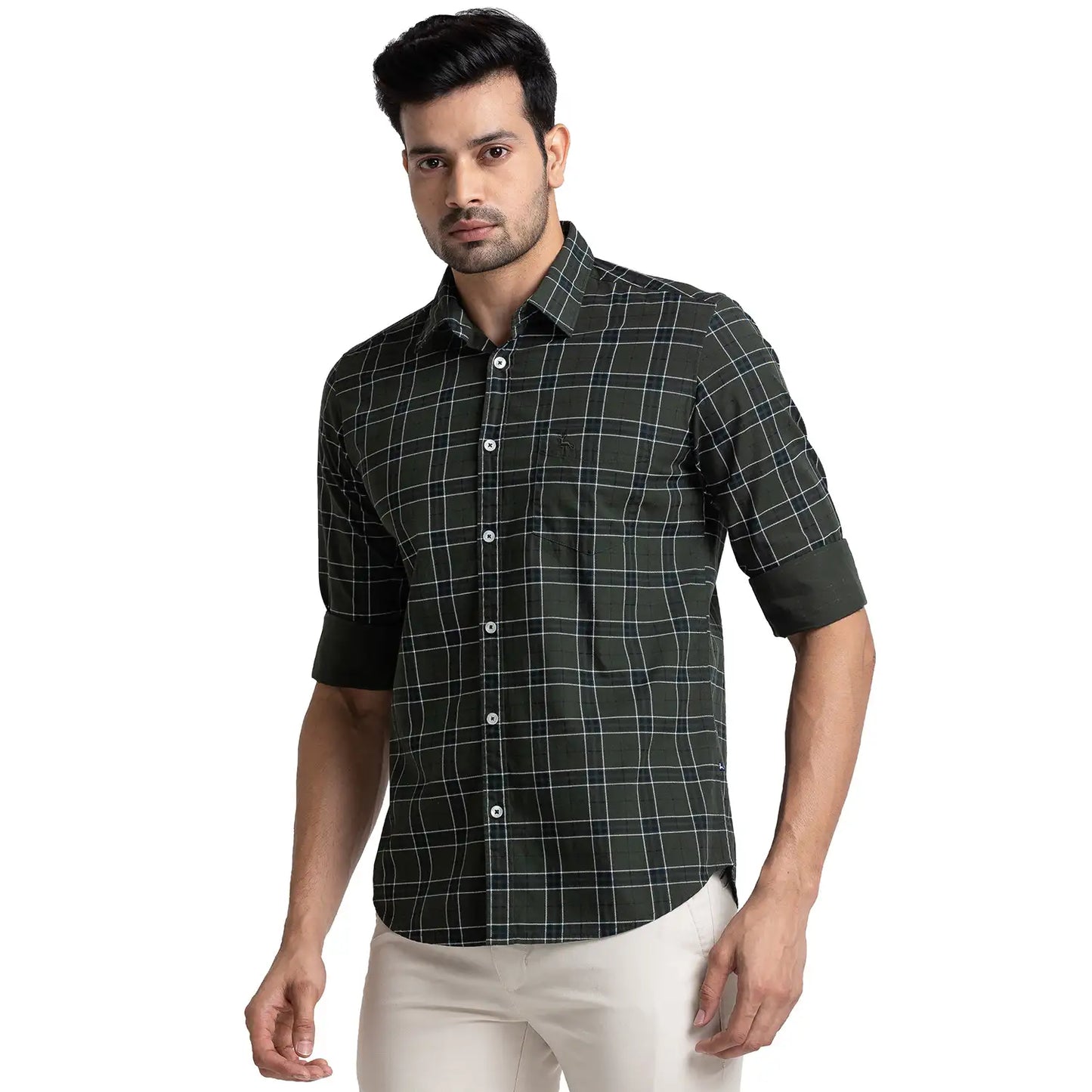 Men Green Slim Fit Print Cotton Full Sleeve Shirts