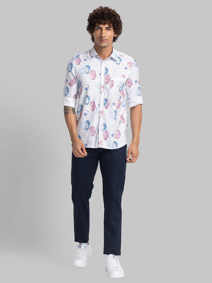 Parx White Printed Slim Fit Cotton Blend Casual Shirt