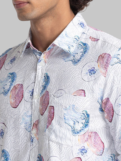 Parx White Printed Slim Fit Cotton Blend Casual Shirt