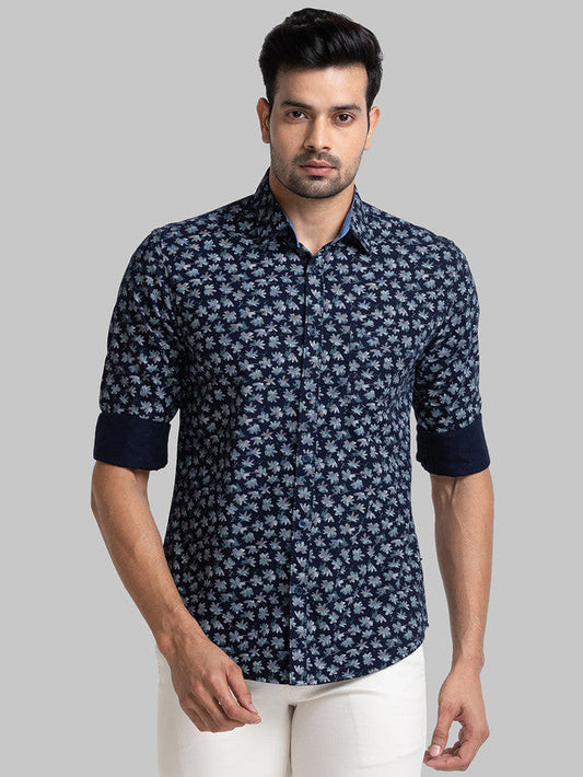 Parx Men Blue Printed Slim Fit Cotton Casual Shirt