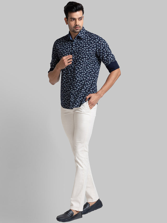 Parx Men Blue Printed Slim Fit Cotton Casual Shirt