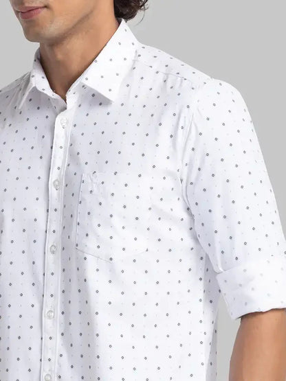 Men White Slim Fit Print Cotton Full Sleeve Cutway Collar Shirts