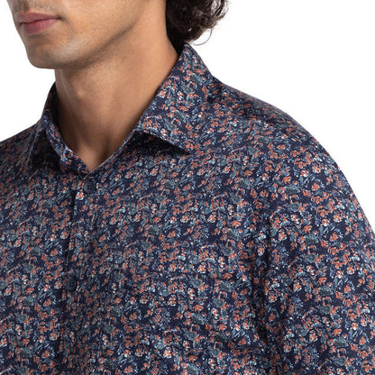 Parx Men Blue Slim Fit Printed Full Sleeve Cutaway Collar Shirt