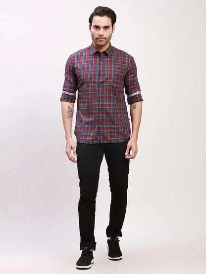 Parx Men Red Checks Slim Fit Cotton Full Sleeve Shirts