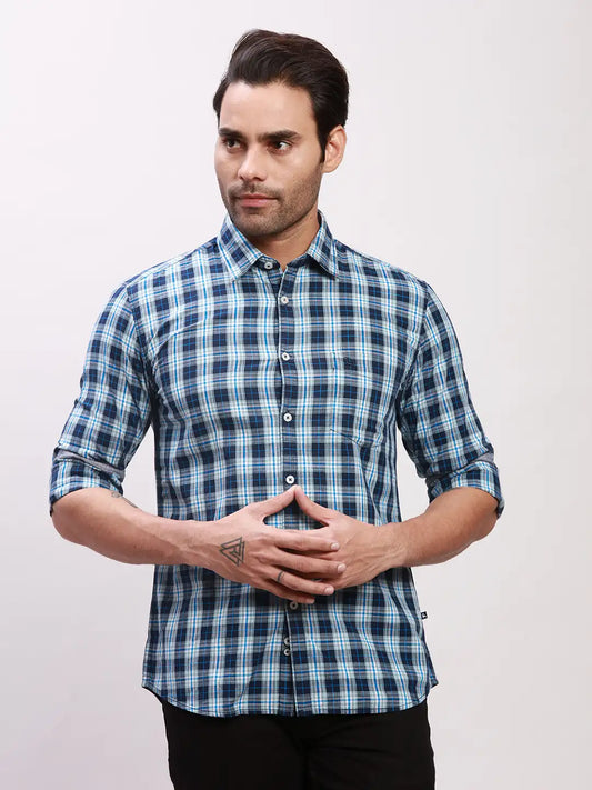 Parx Men Blue Checks Slim Fit Cotton Full Sleeve Shirts