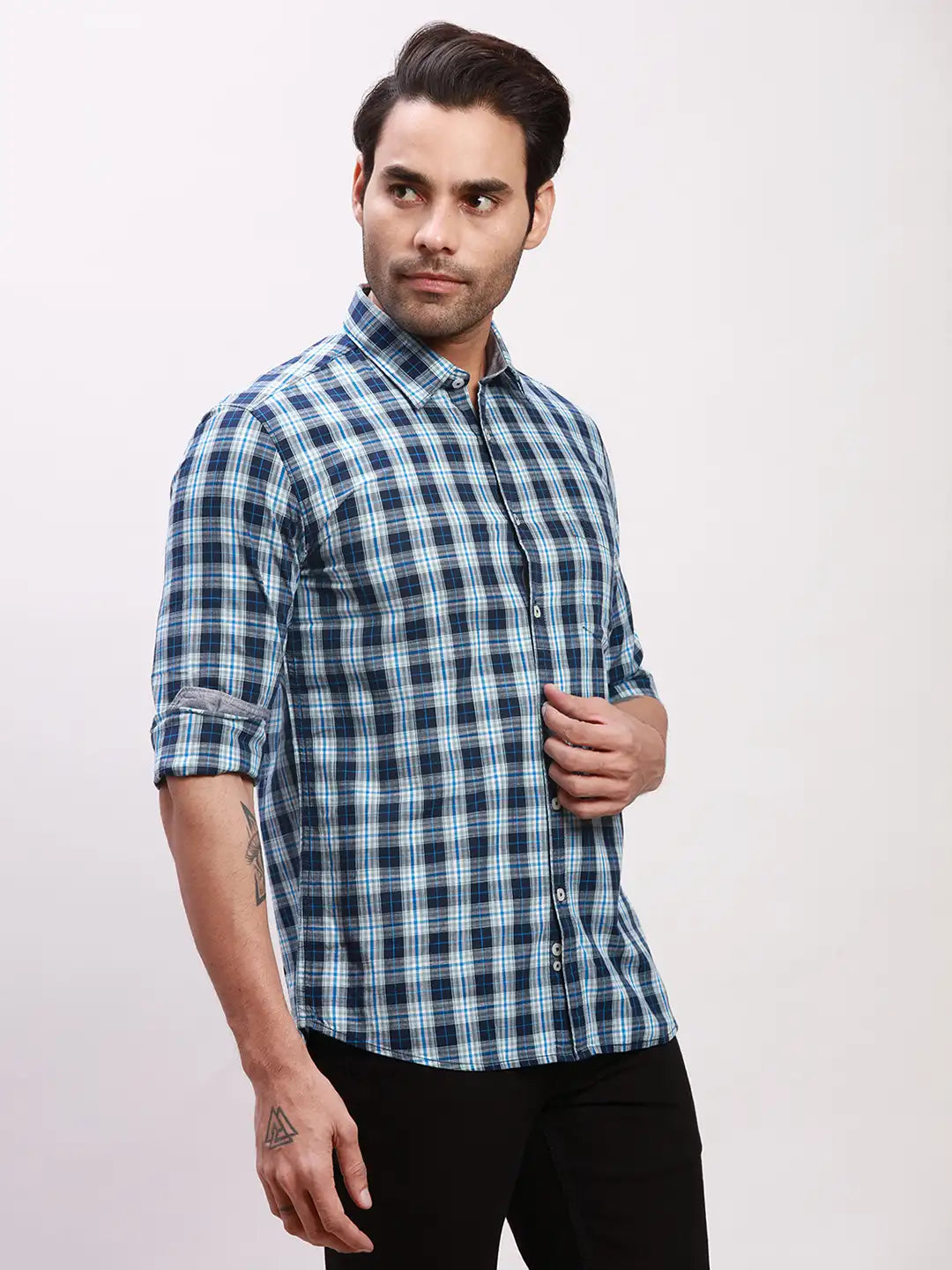 Parx Men Blue Checks Slim Fit Cotton Full Sleeve Shirts