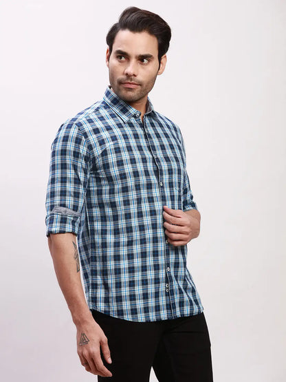 Parx Men Blue Checks Slim Fit Cotton Full Sleeve Shirts