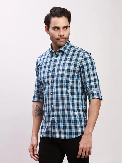 Parx Men Blue Checks Slim Fit Cotton Full Sleeve Shirts