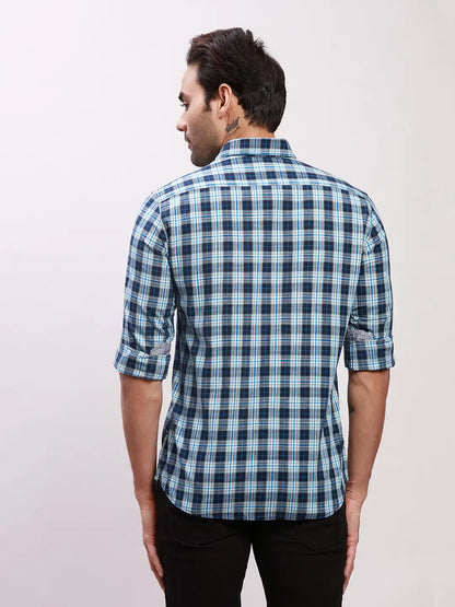 Parx Men Blue Checks Slim Fit Cotton Full Sleeve Shirts