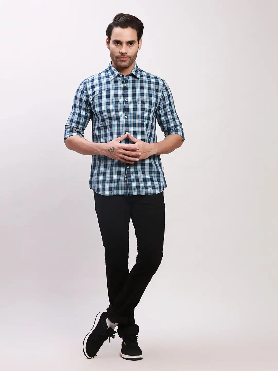 Parx Men Blue Checks Slim Fit Cotton Full Sleeve Shirts