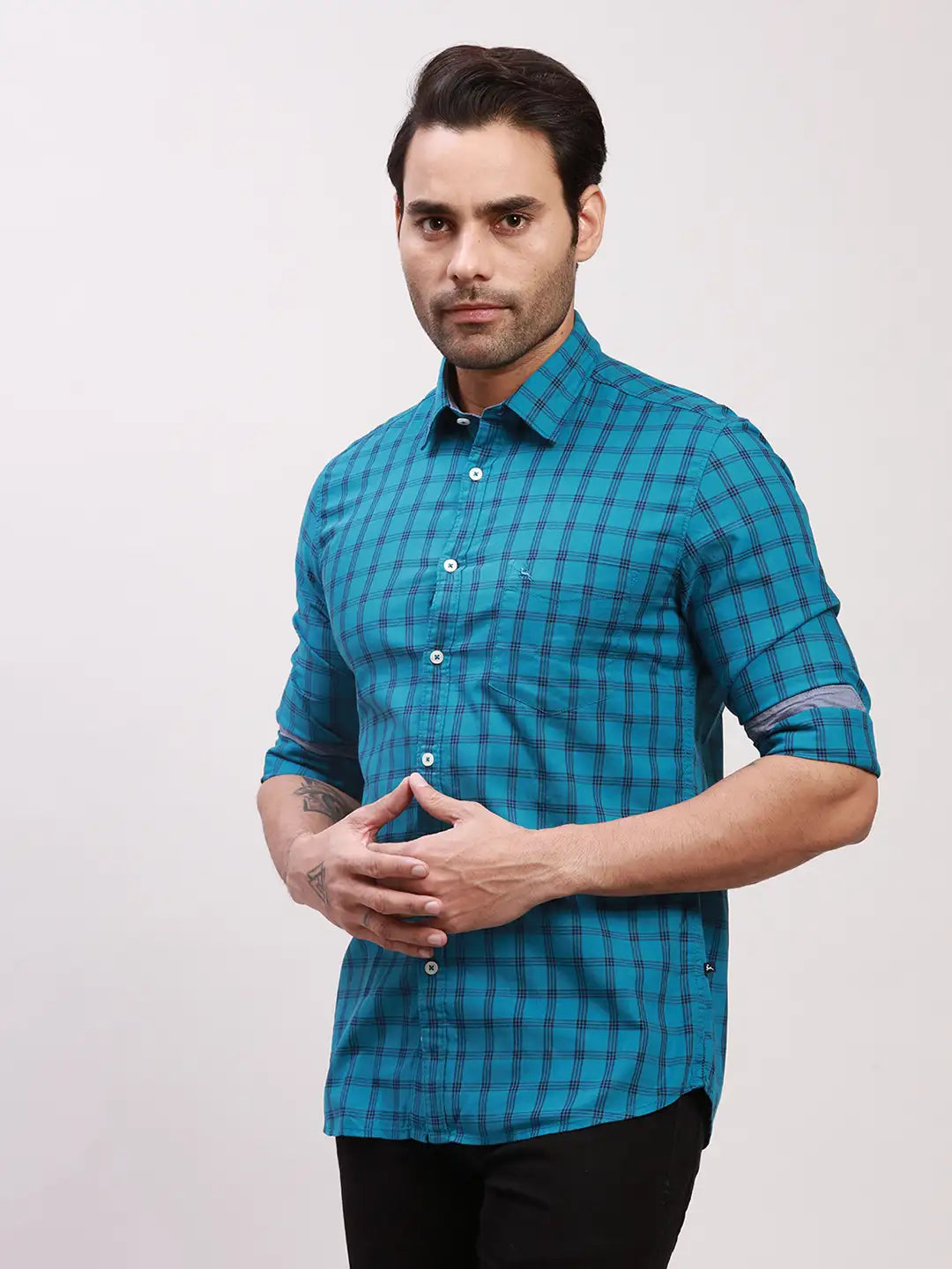 Parx Men Blue Checks Slim Fit Cotton Casual Shirt