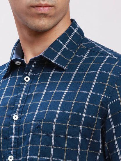 Parx Men Blue Checks Slim Fit Cotton Full Sleeve Cut Away Collar Shirt