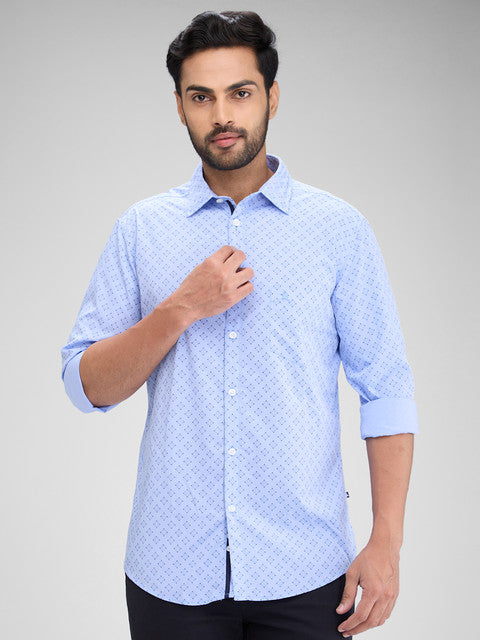 Parx Men Blue Printed Slim Fit Polyester Blend Shirt