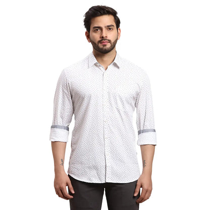 Men White Slim Fit Print Cotton Full Sleeves Cutaway Collar Shirts