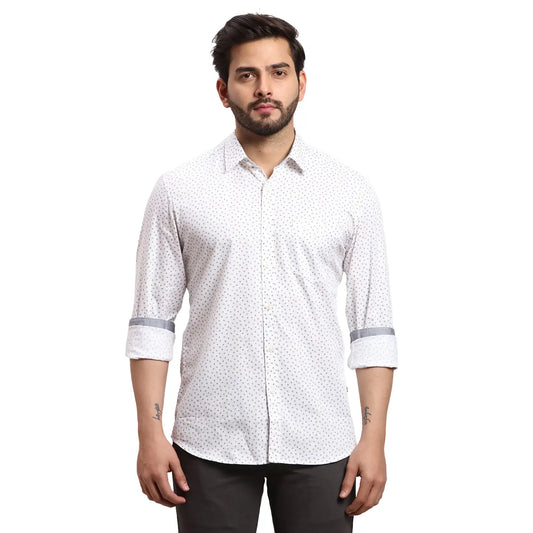 Men White Slim Fit Print Cotton Full Sleeves Cutaway Collar Shirts