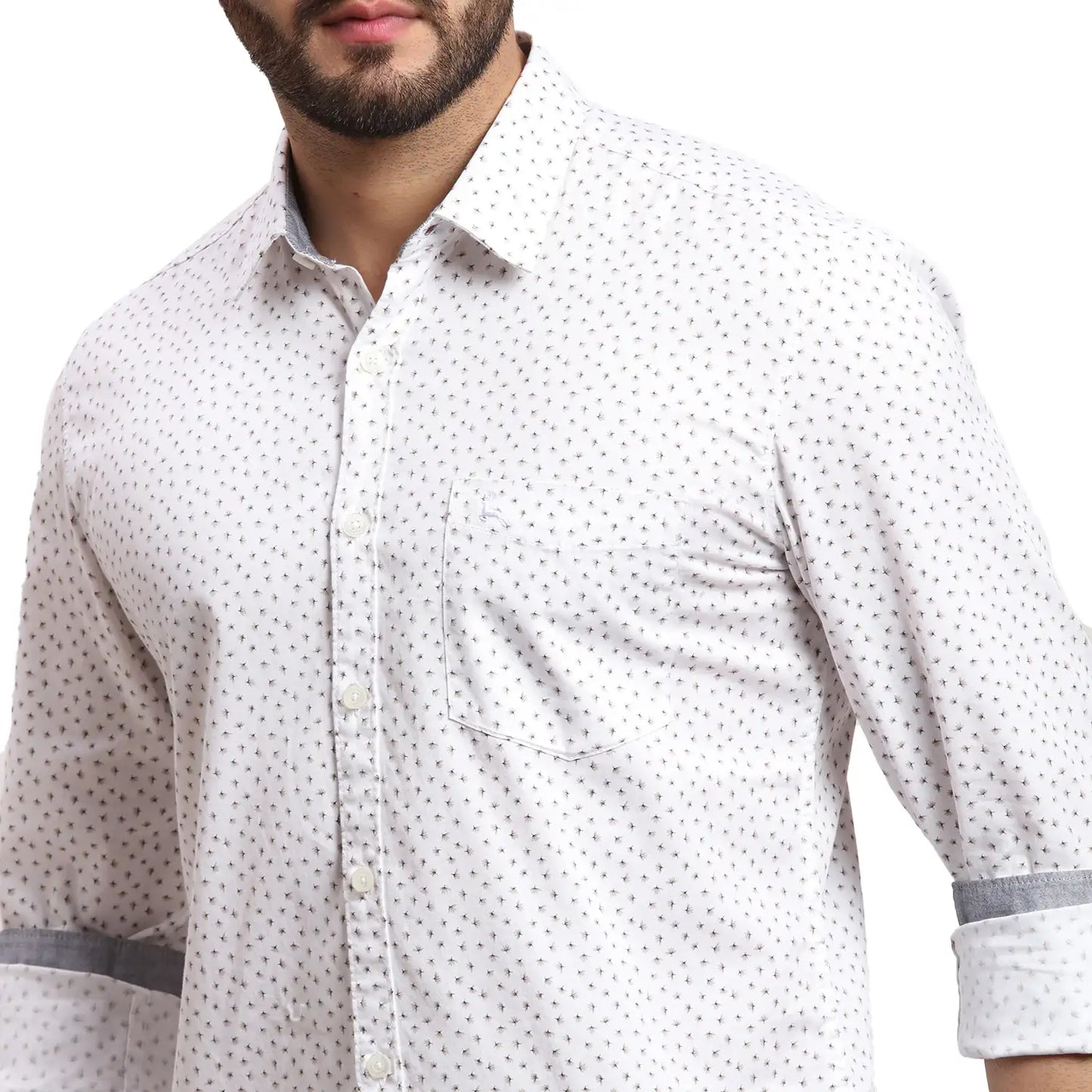 Men White Slim Fit Print Cotton Full Sleeves Cutaway Collar Shirts