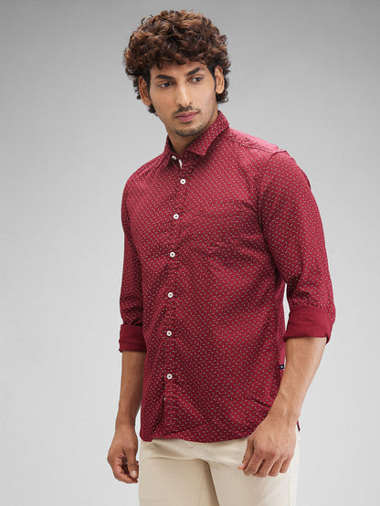 Parx Maroon Printed Slim Fit Cotton Casual Shirt