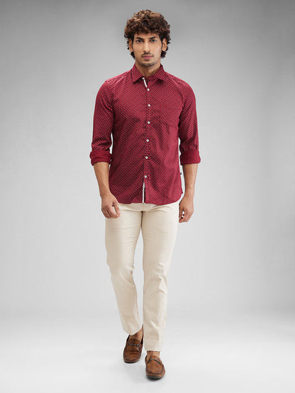 Parx Maroon Printed Slim Fit Cotton Casual Shirt
