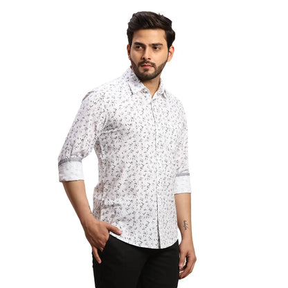 Men White Slim Fit Print Cotton Full Sleeves Cutaway Collar Shirts