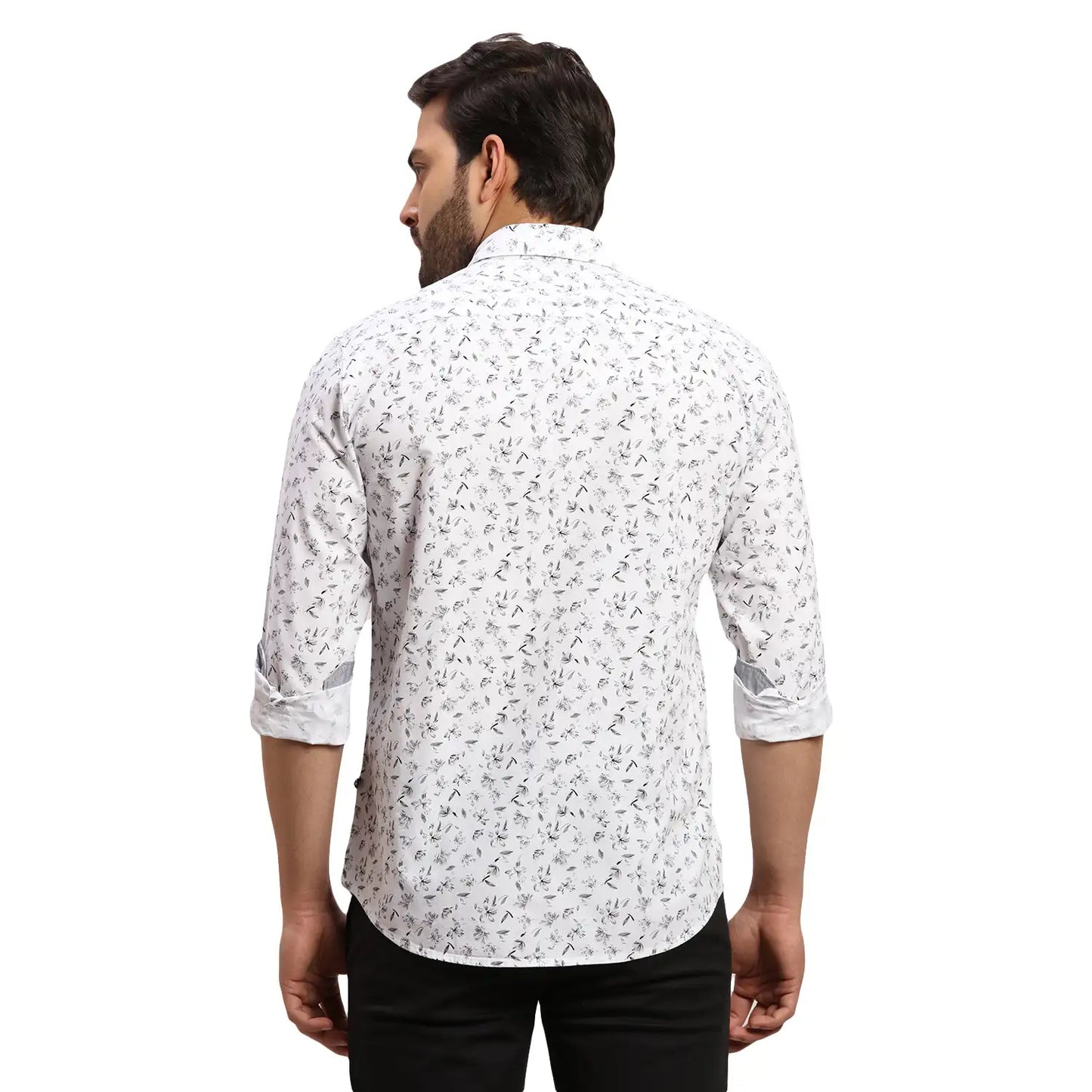 Men White Slim Fit Print Cotton Full Sleeves Cutaway Collar Shirts