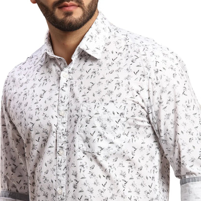Men White Slim Fit Print Cotton Full Sleeves Cutaway Collar Shirts