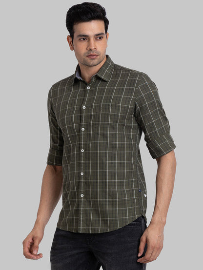 Parx Men Green Checkered Slim Fit Full Sleeve Semi Cut Away Collar Shirt