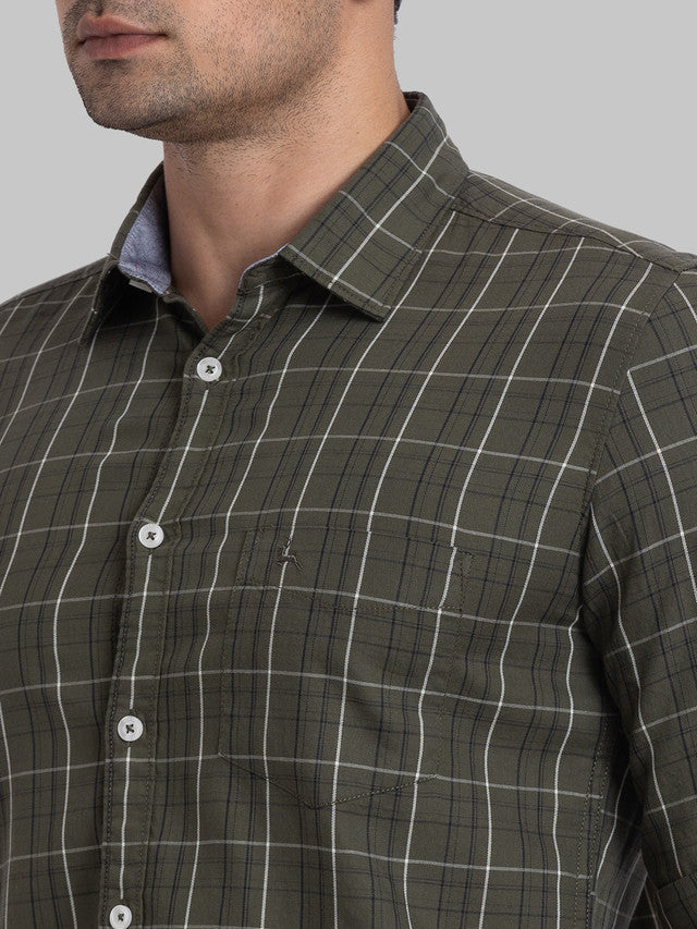 Parx Men Green Checkered Slim Fit Full Sleeve Semi Cut Away Collar Shirt